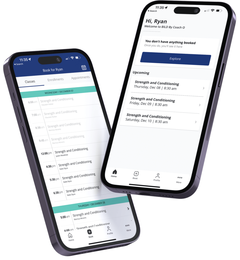 Mobile phones displaying BILD By Coach O app for booking gym classes in Naples, FL