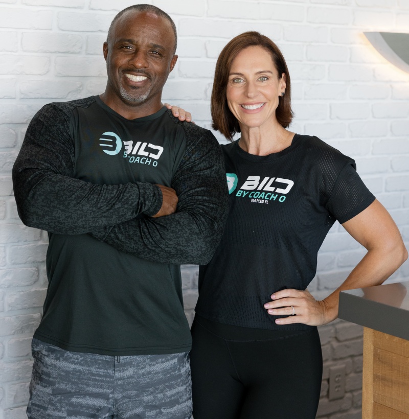 Coach O and Brooke Parker, founders of BILD by Coach O, featured on the About Us page for their personal training gym in Naples FL