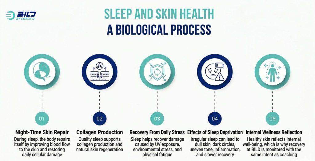 Infographic by BILD by Coach O explaining the biological process of sleep and skin health, featuring 5 stages from night-time skin repair to internal wellness.